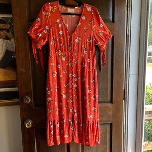 Maeve by Anthropologie Orange Floral Midi Dress